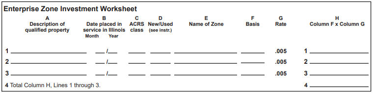 Image of a blank reference table with three columns labeled Column F, Column G, and Result. Two rows labeled Item 1 and Item 2 show empty fields for taxpayer entry. A final row labeled Total shows empty fields for all columns.